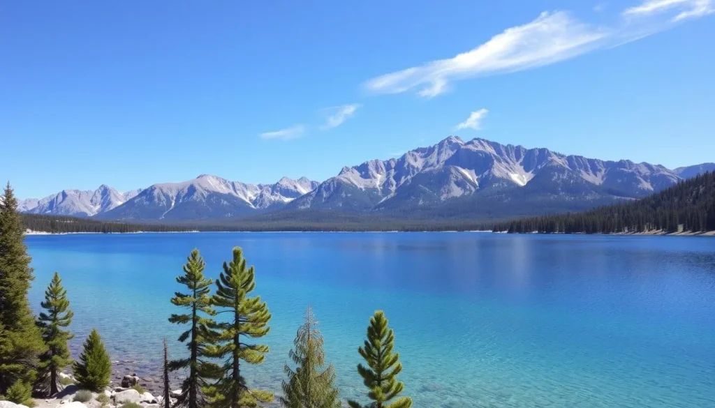 Crystal clear alpine lake in Mammoth Lakes Basin surrounded by pine trees and mountains Crystal clear alpine lake in Mammoth Lakes Basin surrounded by pine trees and mountains