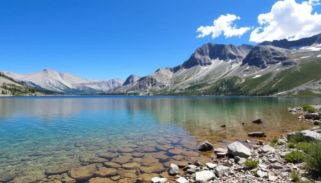Crystal clear alpine lake in Virginia Lakes Basin with granite peaks reflecting in the water Crystal clear alpine lake in Virginia Lakes Basin with granite peaks reflecting in the water