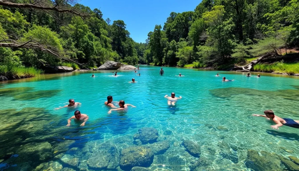 Crystal clear blue waters of Wekiwa Springs State Park with swimmers enjoying the refreshing 72-degree water Crystal clear blue waters of Wekiwa Springs State Park with swimmers enjoying the refreshing 72-degree water