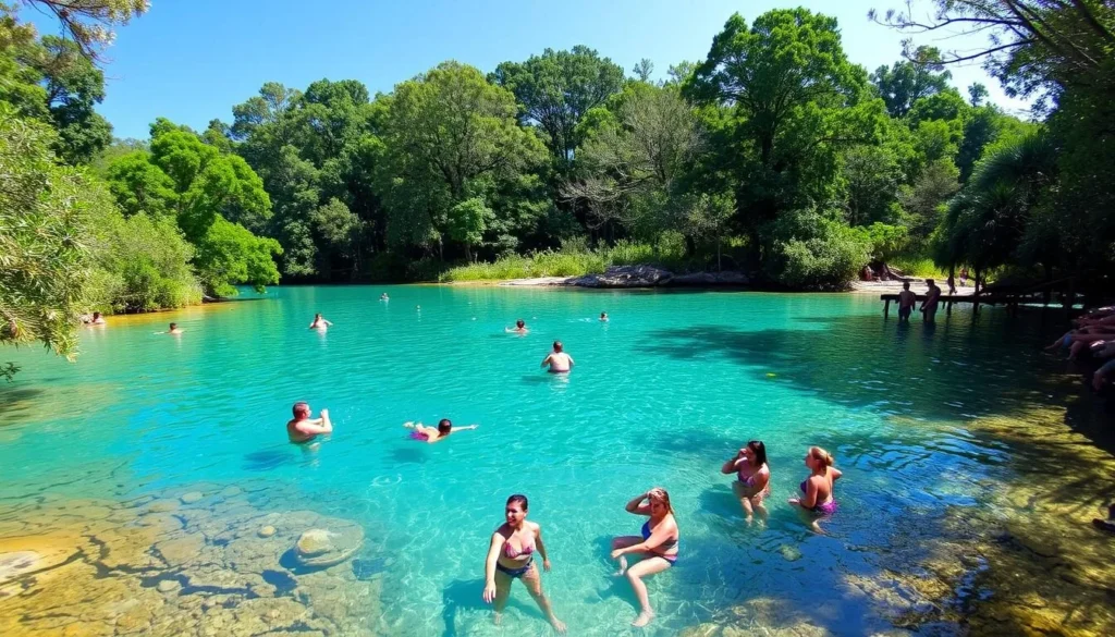 Crystal clear springs at Wekiwa Springs State Park in Orange County Florida with swimmers enjoying the water Crystal clear springs at Wekiwa Springs State Park in Orange County Florida with swimmers enjoying the water