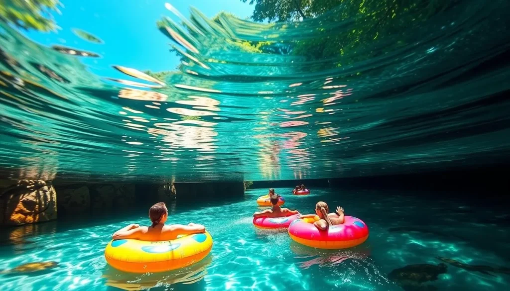 Crystal clear waters of Ichetucknee Springs with people tubing on a sunny day Crystal clear waters of Ichetucknee Springs with people tubing on a sunny day