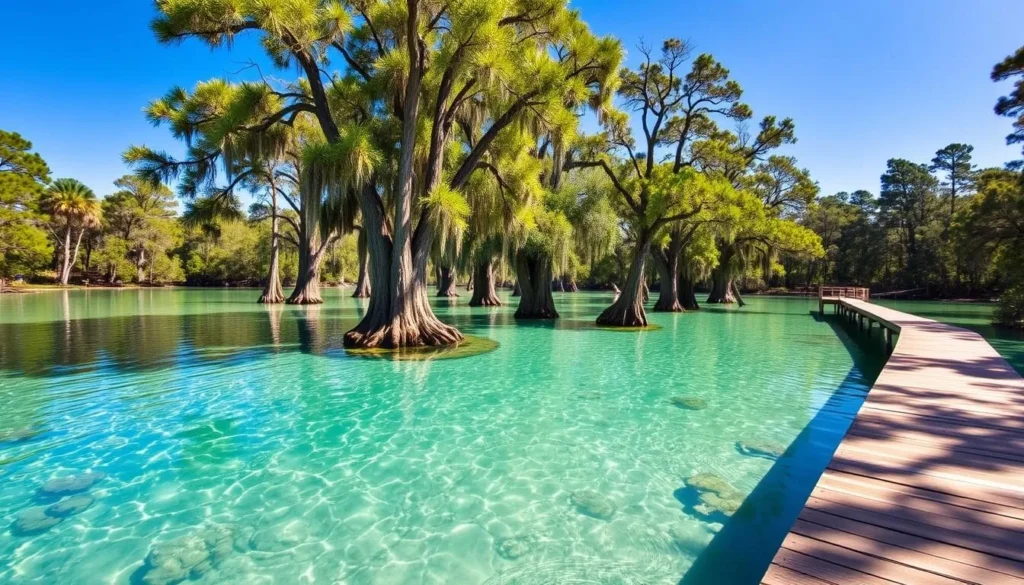 Crystal clear waters of Manatee Springs State Park with cypress trees and boardwalk Crystal clear waters of Manatee Springs State Park with cypress trees and boardwalk