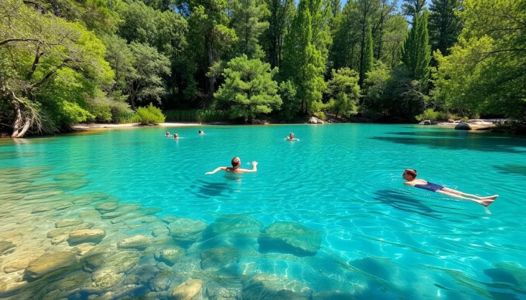 Crystal clear waters of Ponce de Leon Springs State Park in Holmes County, Florida with swimmers enjoying the natural spring Crystal clear waters of Ponce de Leon Springs State Park in Holmes County, Florida with swimmers enjoying the natural spring