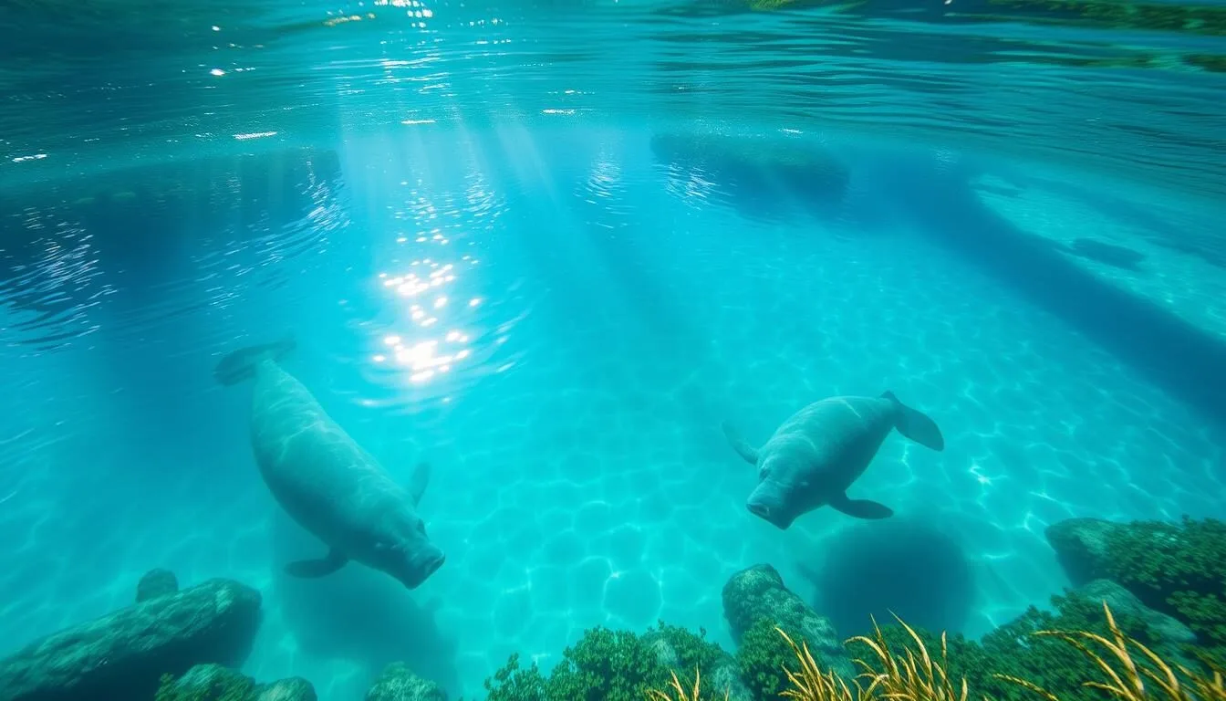 Crystal clear waters of Three Sisters Springs in Citrus County, Florida with manatees swimming below the surface