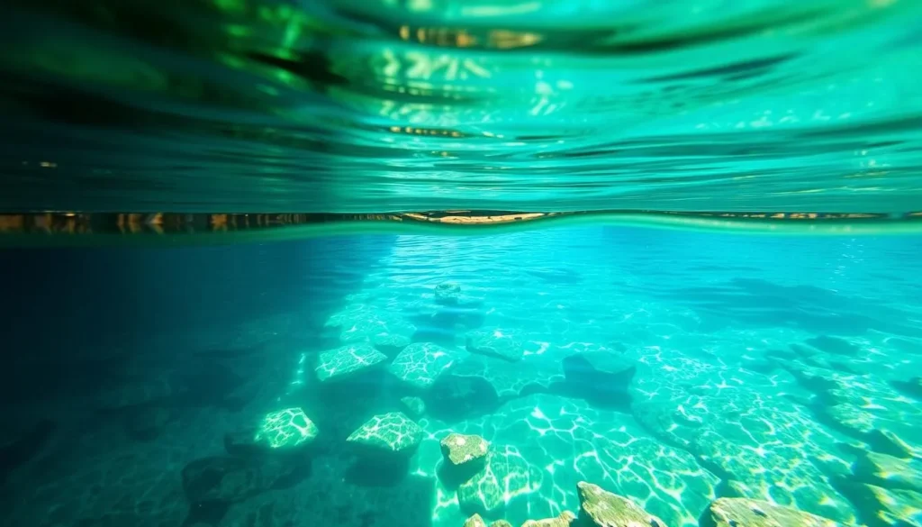 Crystal clear waters of Wes Skiles Peacock Springs State Park showing underwater cave entrance Crystal clear waters of Wes Skiles Peacock Springs State Park showing underwater cave entrance