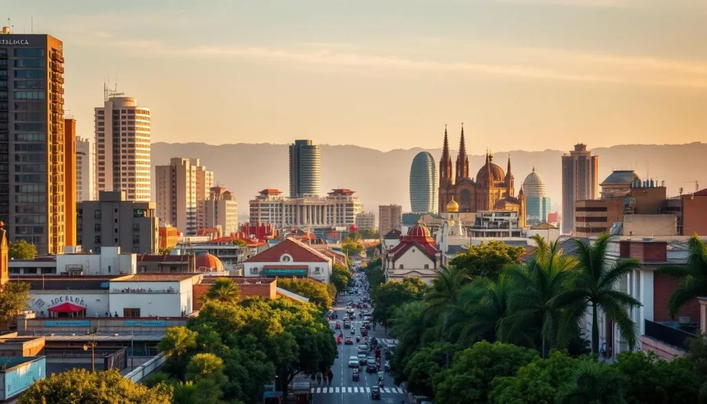 Culiacan cityscape with a vibrant skyline, showcasing a mix of modern high-rises and traditional architecture. Capture the bustling energy of the city, with a wide-angle lens to encompass the diverse landscape. Bathe the scene in warm, golden light, casting long shadows and highlighting the intricate details of the buildings. Include the lush, palm-lined streets and bustling local markets in the foreground, leading the eye towards the towering cathedral spires in the distance. Convey a sense of tranquility and pride in the heart of Sinaloa's capital, inviting the viewer to explore the unique character of Culiacan.