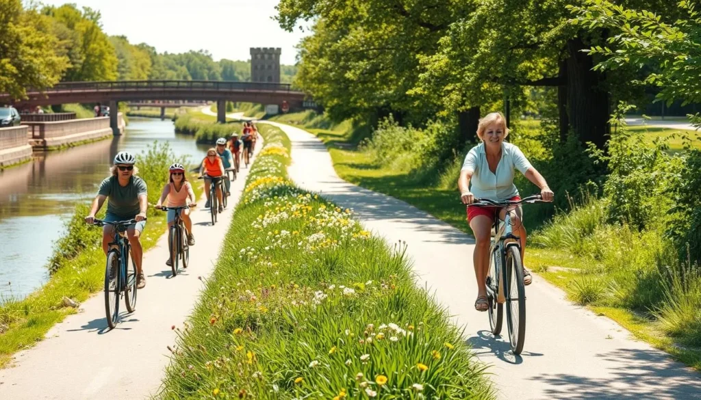 Cyclists enjoying the Ohio & Erie Canal Towpath Trail in Akron with canal views Cyclists enjoying the Ohio & Erie Canal Towpath Trail in Akron with canal views