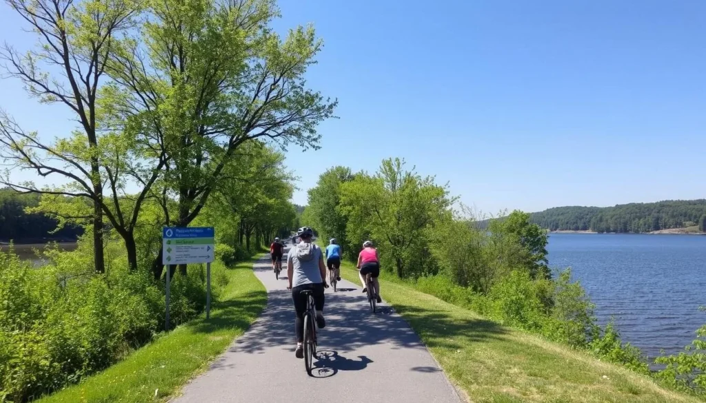 Cyclists on the Mohawk-Hudson Bike Trail in Schenectady County with river views Cyclists on the Mohawk-Hudson Bike Trail in Schenectady County with river views