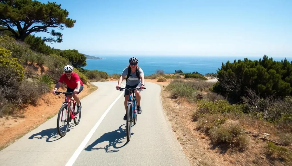 Cyclists on the Monterey Bay Coastal Recreation Trail with ocean views