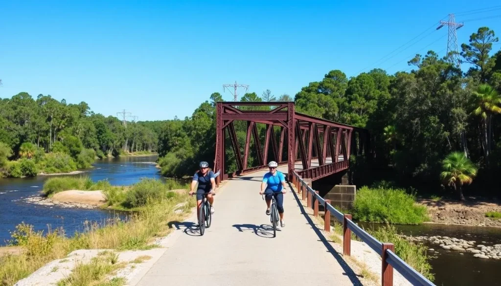 Cyclists on the Nature Coast State Trail crossing the historic railroad trestle over the Suwannee River Cyclists on the Nature Coast State Trail crossing the historic railroad trestle over the Suwannee River