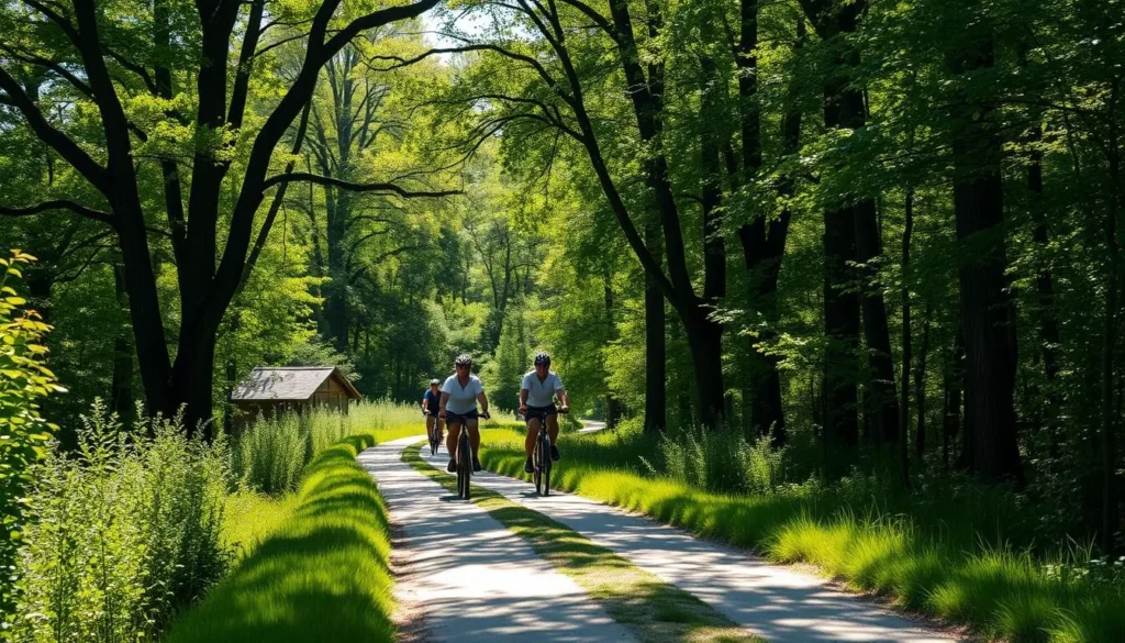 Cyclists on the Wabash Trace Nature Trail surrounded by greenery and trees Cyclists on the Wabash Trace Nature Trail surrounded by greenery and trees