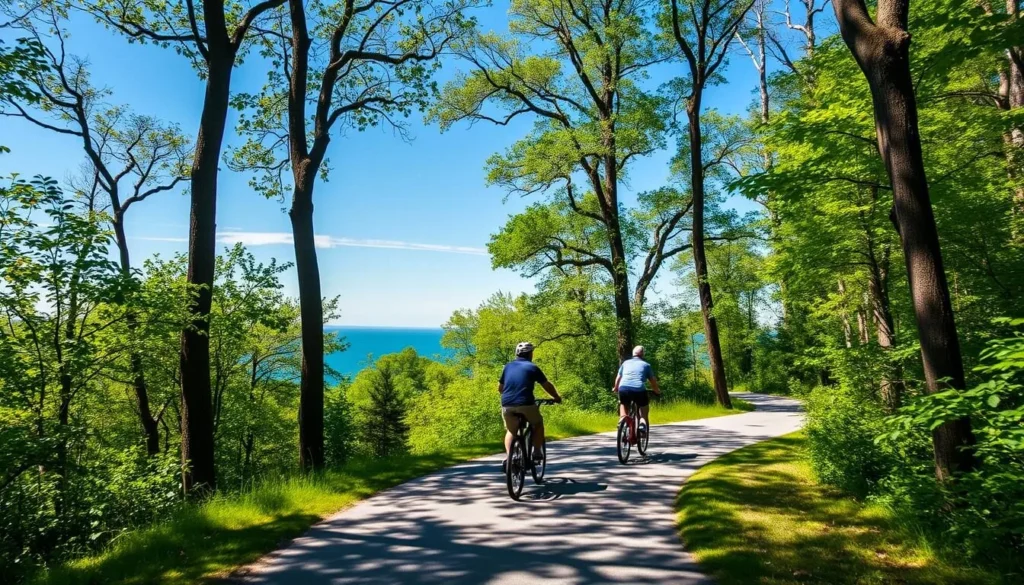 Cyclists riding along the Karl Boyes Multi-purpose Trail at Presque Isle State Park in Erie Pennsylvania Cyclists riding along the Karl Boyes Multi-purpose Trail at Presque Isle State Park in Erie Pennsylvania