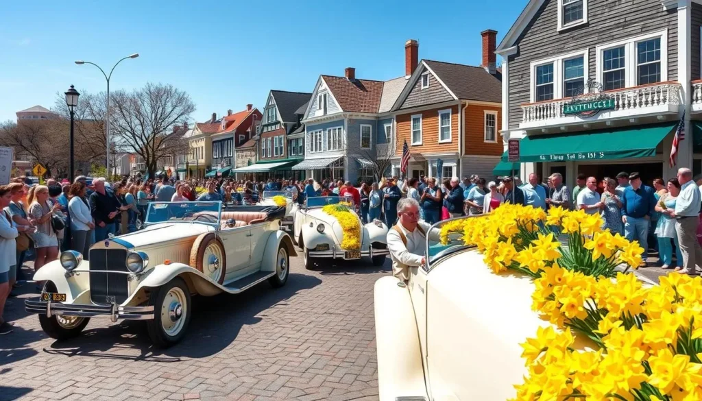 Daffodil Festival parade on Main Street with vintage cars decorated with flowers Daffodil Festival parade on Main Street with vintage cars decorated with flowers