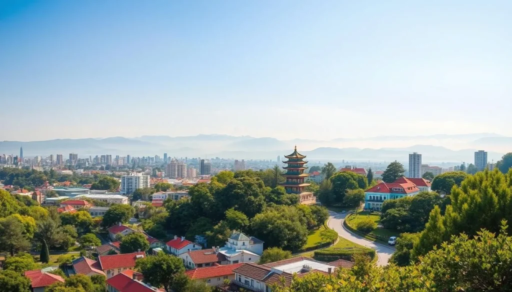 Dalat cityscape, a panoramic view of Vietnam's enchanting "City of Eternal Spring." Nestled amid verdant hills, the skyline features a harmonious blend of French colonial architecture and modern high-rises. In the foreground, lush gardens and winding streets invite exploration, while the middle ground showcases the iconic Linh Phuoc Pagoda, its vibrant tiles glimmering in the warm afternoon sunlight. In the distance, the rolling mountains provide a serene backdrop, their misty silhouettes creating a dreamlike atmosphere. Capture the essence of this picturesque city, its charming blend of natural beauty and architectural wonder, under a clear, azure sky.