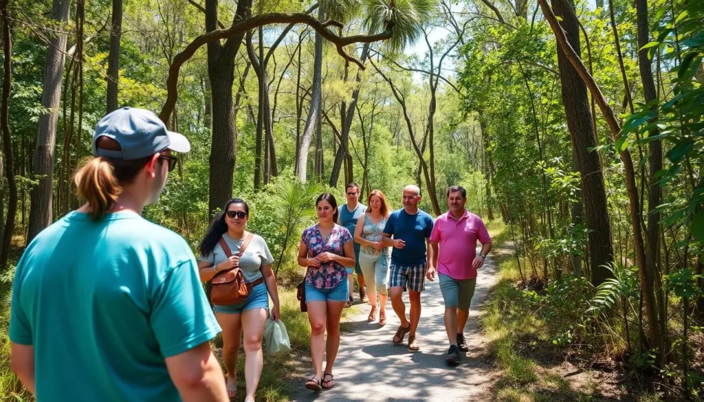 Day trip visitors enjoying a guided tour of Little St. Simons Island with a naturalist Day trip visitors enjoying a guided tour of Little St. Simons Island with a naturalist