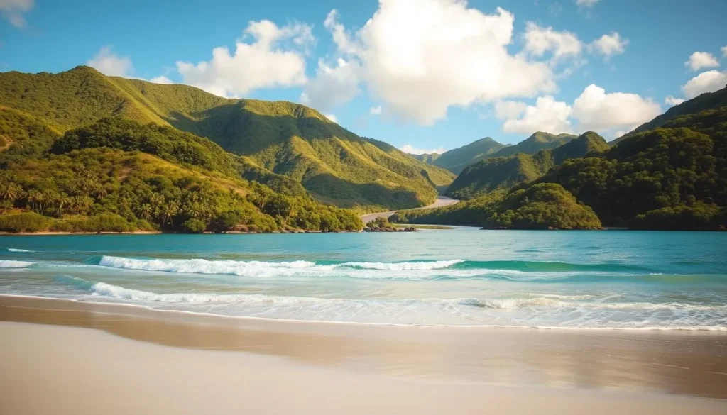 Daylight hours in the tropical paradise of Wallis and Futuna. A lush, verdant landscape bathed in warm, golden sunlight. Rolling hills dotted with clusters of vibrant green foliage, intersected by winding rivers that shimmer in the midday glow. In the foreground, a tranquil beach scene with soft, white sand and gentle waves lapping at the shore. Wispy clouds drift overhead, casting playful shadows across the scene. The atmosphere is one of peaceful serenity, inviting the viewer to imagine a serene and weather-savvy getaway amidst the natural beauty of this remote Polynesian archipelago.