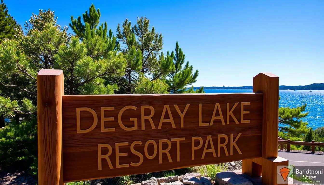 DeGray Lake Resort State Park entrance sign with beautiful lake view in the background