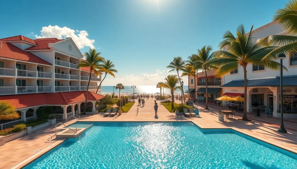 Delray Beach, Florida - a coastal oasis nestled between the azure waters of the Atlantic Ocean and lush, palm-lined streets. Capture a picturesque beachfront hotel, its terracotta-tiled roof and pristine white facade reflecting the warm, golden sunlight. In the foreground, a sparkling pool invites visitors to relax, while the middle ground showcases a scenic boardwalk leading to the soft, sandy beach. In the background, a vibrant, lively streetscape bustles with local cafes, boutiques, and entertainment, creating a harmonious blend of coastal charm and urban sophistication. Utilize a wide-angle lens to convey a sense of scale and immersion, with natural lighting illuminating the scene to evoke a serene, inviting atmosphere.
