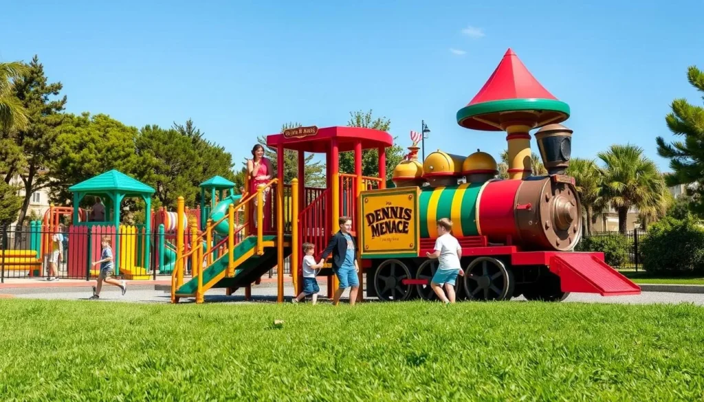 Dennis the Menace Playground with colorful play structures and children playing