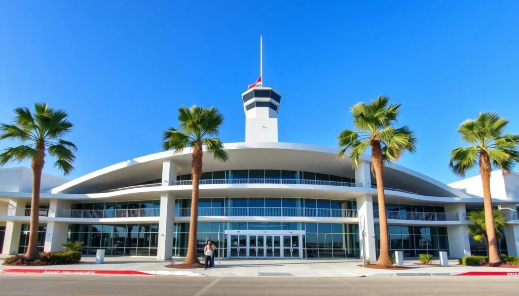 Destin-Fort Walton Beach Airport terminal with palm trees in Okaloosa County, Florida Destin-Fort Walton Beach Airport terminal with palm trees in Okaloosa County, Florida