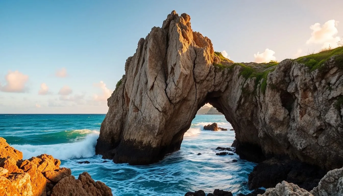 Devil's Bridge natural limestone arch at Indian Town National Park, Antigua and Barbuda, with waves crashing against the rocky formation