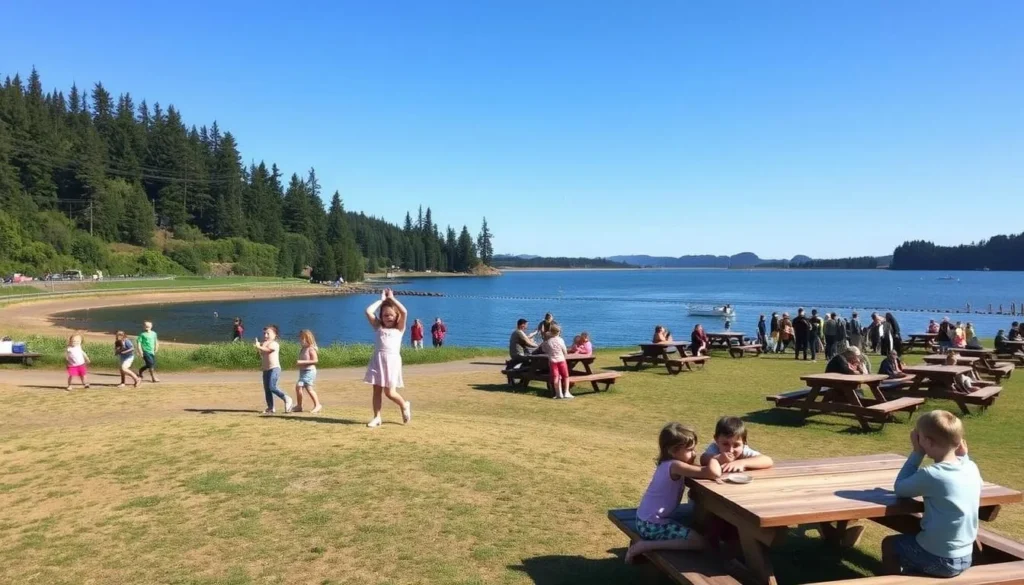 Devil's Lake Lincoln City with kids playing and picnic areas