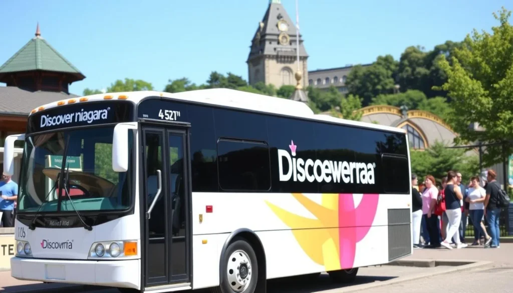 Discover Niagara Shuttle bus stopping at a Niagara County attraction, providing free transportation for tourists Discover Niagara Shuttle bus stopping at a Niagara County attraction, providing free transportation for tourists