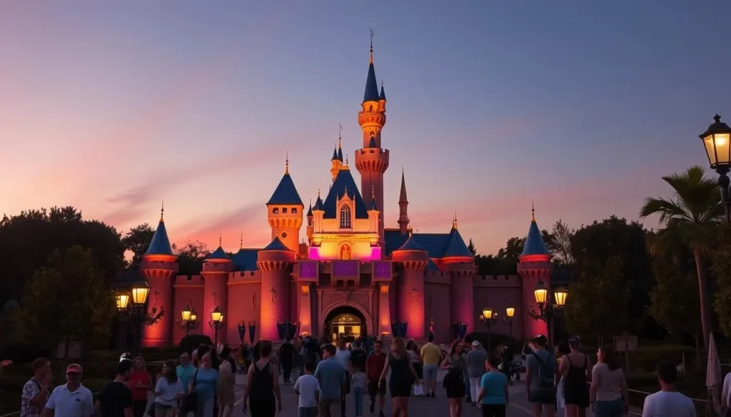 Disneyland Castle in Anaheim California illuminated at sunset with visitors enjoying the park Disneyland Castle in Anaheim California illuminated at sunset with visitors enjoying the park