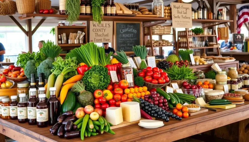 Display of fresh local produce, maple syrup, and artisanal foods at a Cattaraugus County farmers market Display of fresh local produce, maple syrup, and artisanal foods at a Cattaraugus County farmers market