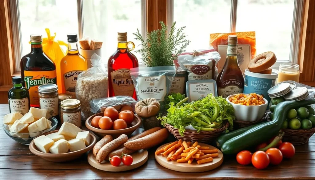 Display of local Lewis County food products including cheese, maple syrup, and baked goods