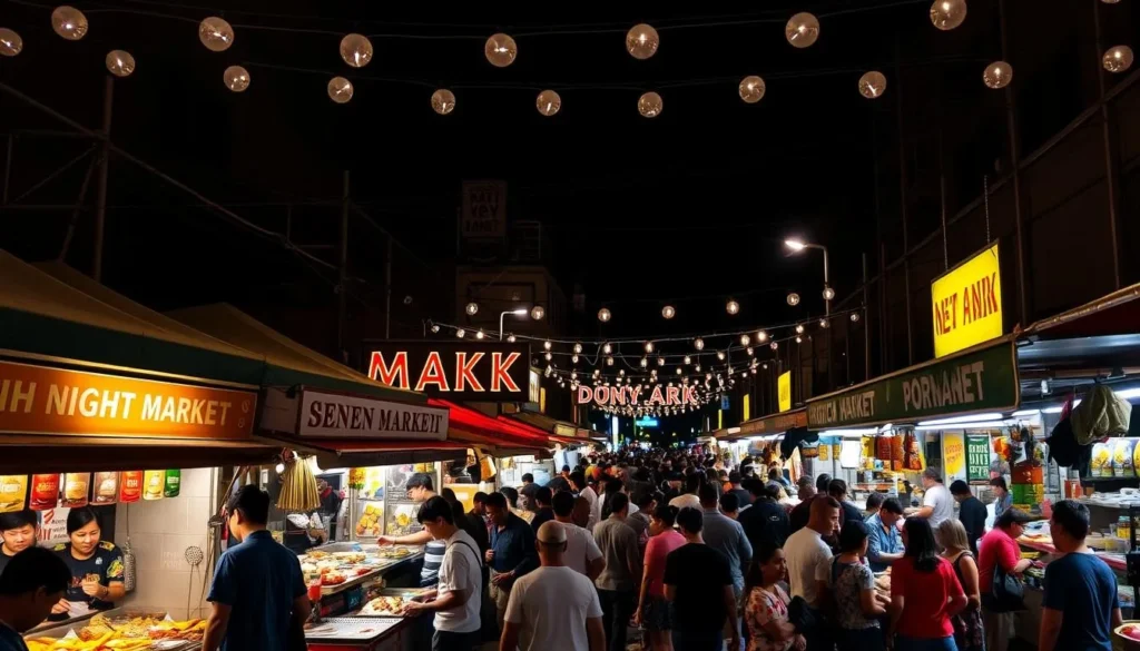 Diverse food vendors at Queens Night Market with crowds of visitors Diverse food vendors at Queens Night Market with crowds of visitors