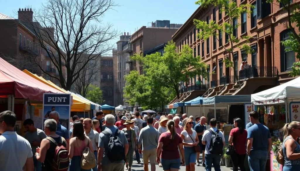 Diverse group of people enjoying a Brooklyn street fair with food vendors and local crafts Diverse group of people enjoying a Brooklyn street fair with food vendors and local crafts