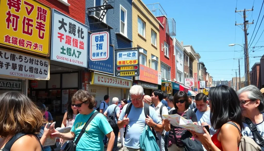 Diverse group of tourists exploring a Queens neighborhood with map and camera Diverse group of tourists exploring a Queens neighborhood with map and camera