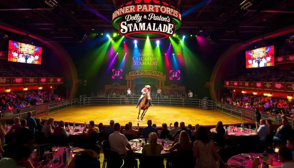 Dolly Parton's Stampede dinner show with performers and horses on stage Dolly Parton's Stampede dinner show with performers and horses on stage