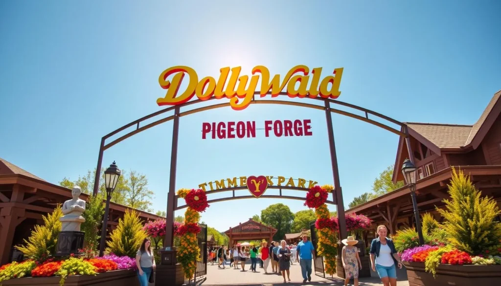 Dollywood theme park entrance with colorful flowers and visitors entering Dollywood theme park entrance with colorful flowers and visitors entering