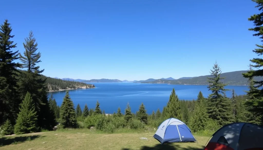 Donner Lake camping scene with a serene lake view and lush greenery