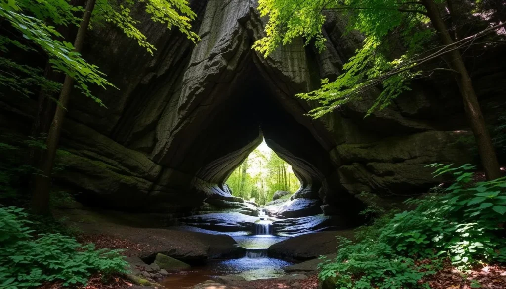 Dover Stone Church Preserve in Dutchess County New York showing the dramatic rock formation and waterfall Dover Stone Church Preserve in Dutchess County New York showing the dramatic rock formation and waterfall