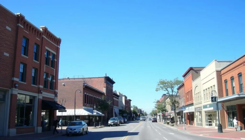 Downtown Anniston street view with historic buildings and light traffic Downtown Anniston street view with historic buildings and light traffic