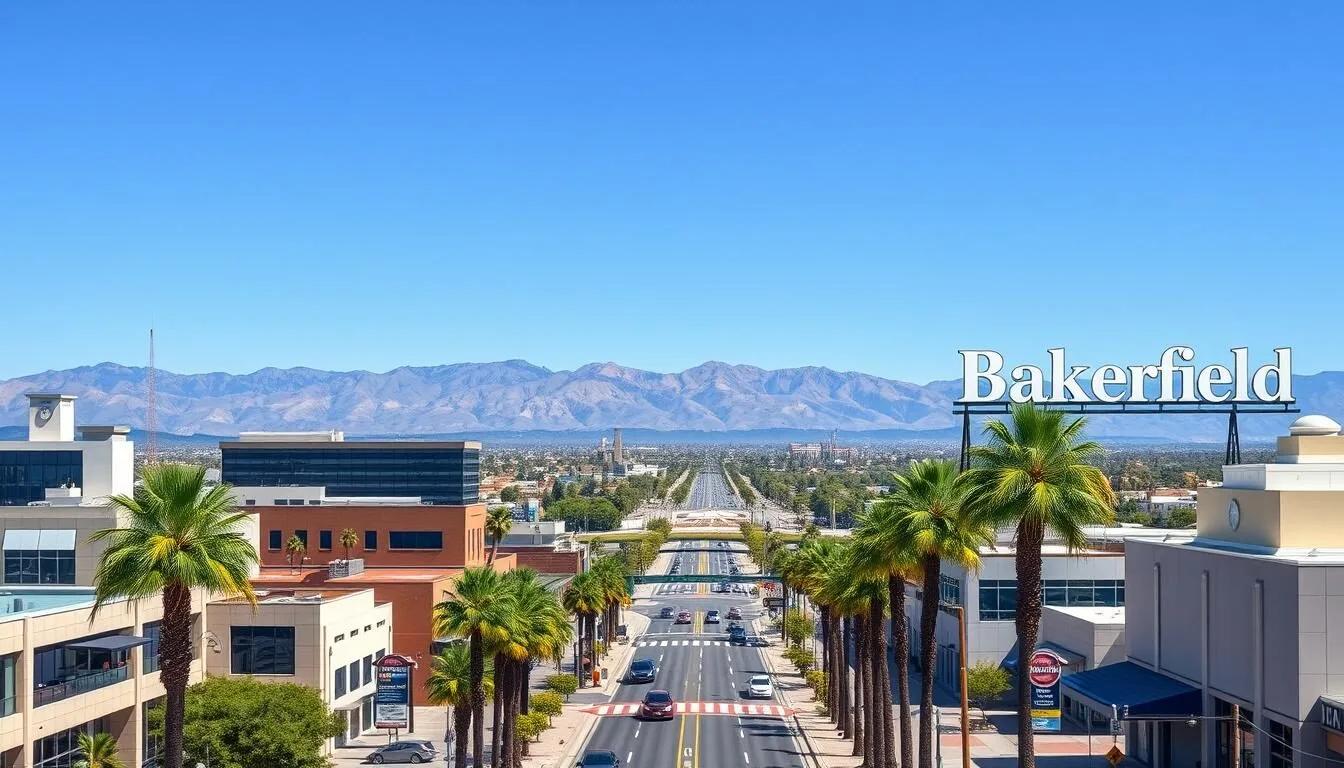 Downtown Bakersfield skyline with mountains in the background on a sunny day