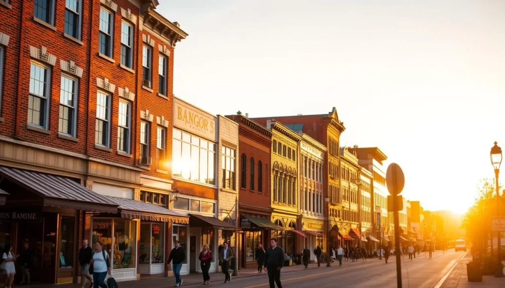 Downtown Bangor at sunset with historic buildings, shops, and people enjoying the evening atmosphere Downtown Bangor at sunset with historic buildings, shops, and people enjoying the evening atmosphere