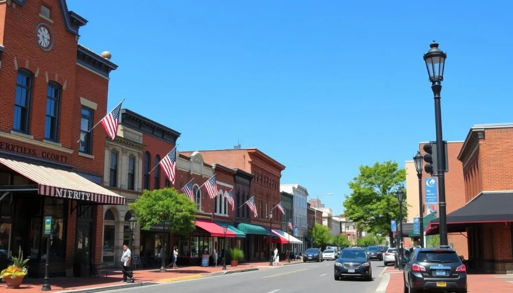 Downtown Batavia in Genesee County New York showing Main Street with shops, restaurants, and historic buildings Downtown Batavia in Genesee County New York showing Main Street with shops, restaurants, and historic buildings