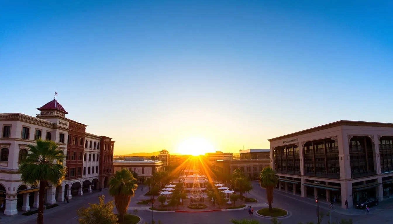 Downtown Chandler Arizona with palm trees and historic buildings at sunset