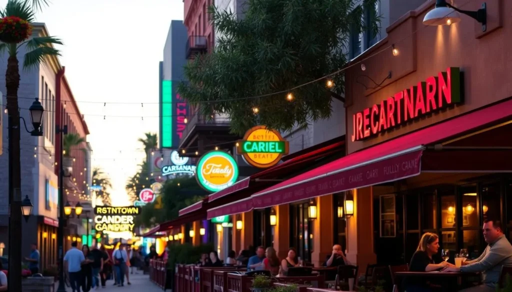 Downtown Chandler restaurant row with outdoor dining patios Downtown Chandler restaurant row with outdoor dining patios