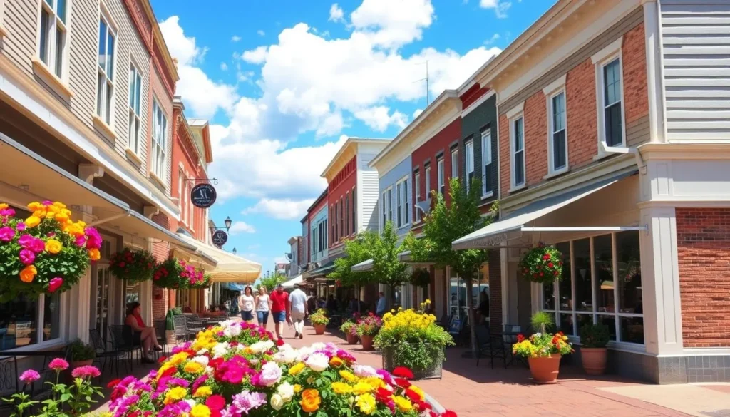 Downtown Charlevoix in summer with flowers in bloom, shops open, and people walking along Bridge Street Downtown Charlevoix in summer with flowers in bloom, shops open, and people walking along Bridge Street