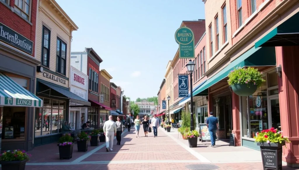 Downtown Charlevoix shopping district with boutique stores, cafes, and pedestrians enjoying Bridge Street Downtown Charlevoix shopping district with boutique stores, cafes, and pedestrians enjoying Bridge Street