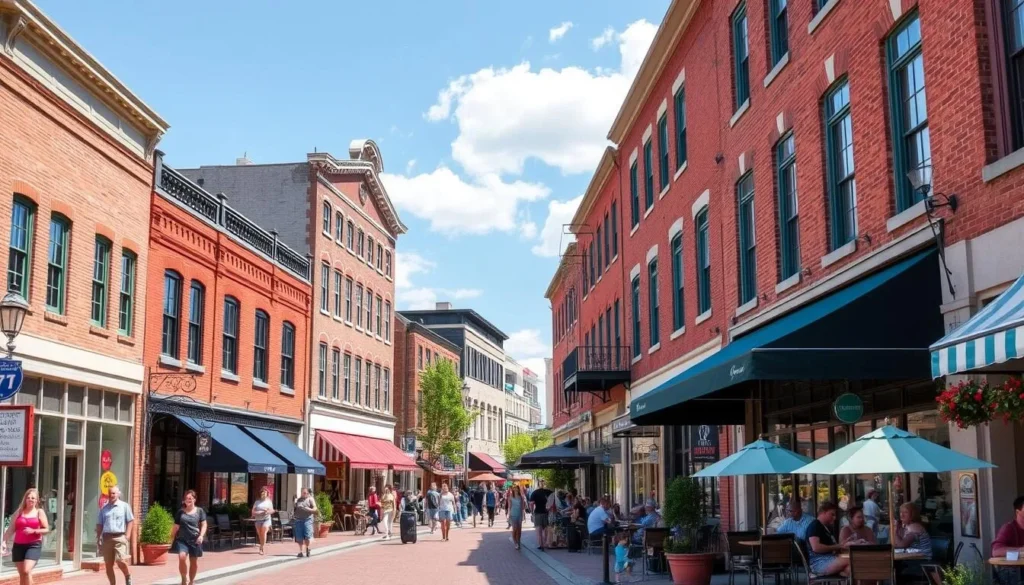 Downtown Front Street in Traverse City Michigan showing historic buildings, shops, and outdoor dining Downtown Front Street in Traverse City Michigan showing historic buildings, shops, and outdoor dining