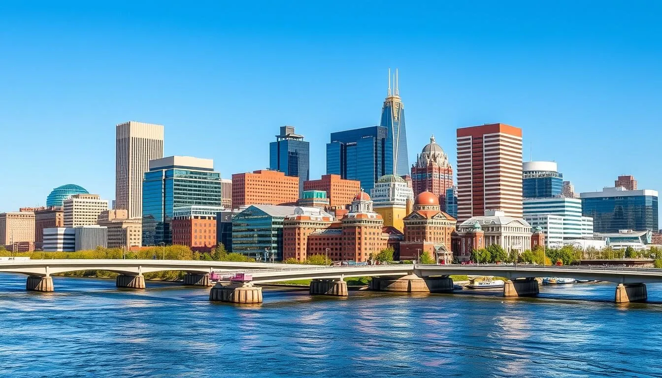 Downtown Grand Rapids skyline along the Grand River on a beautiful sunny day