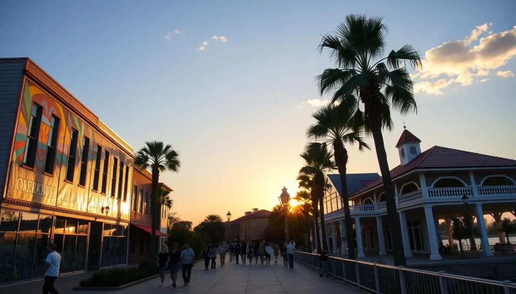 Downtown Lakeland murals and Lake Mirror Promenade in Polk County Florida at sunset