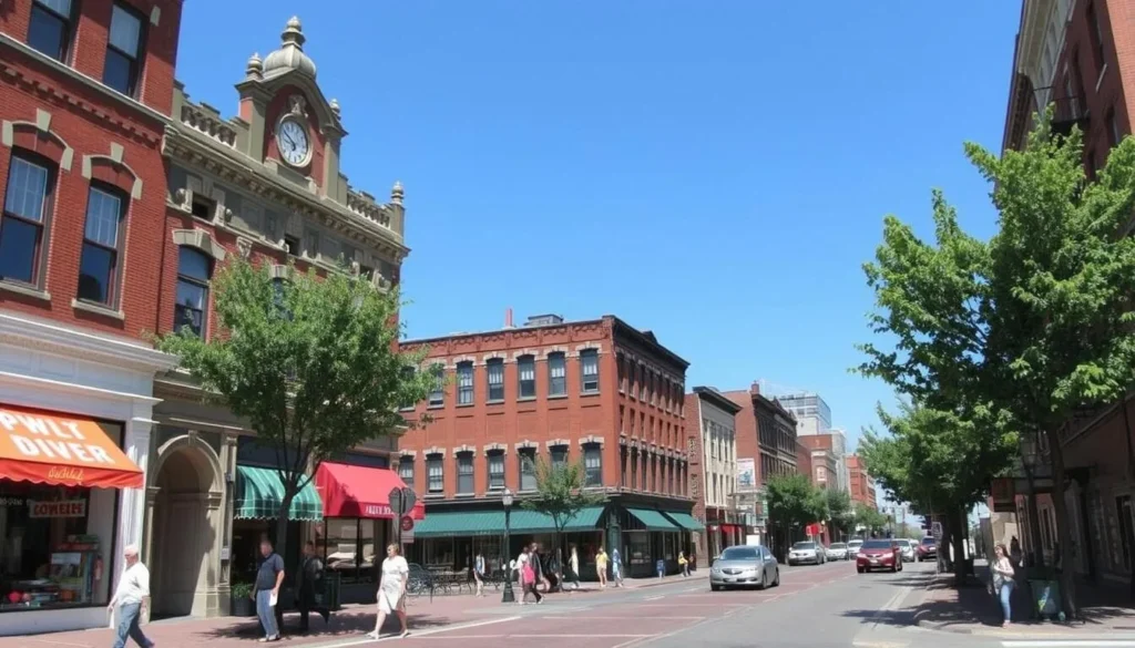 Downtown Lowell street scene showing historic architecture and pedestrians Downtown Lowell street scene showing historic architecture and pedestrians