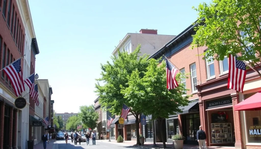 Downtown Milford Connecticut street view with shops and pedestrians Downtown Milford Connecticut street view with shops and pedestrians